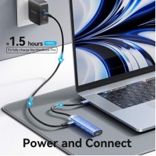 Концентратор Vention USB 3.1 Type-C to HDMI/USB 3.0x3/PD 100W Blue Aluminum Alloy Hub 5-in-1 (TGESB) - Фото