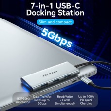 Концентратор Vention USB 3.1 Type-C to HDMI/USB 3.0x3/SD/TF/PD 100W 7-in-1 (TOPHB) - Фото