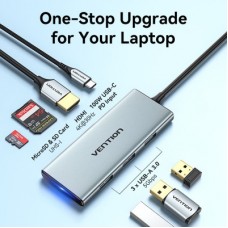 Концентратор Vention USB 3.1 Type-C to HDMI/USB 3.0x3/SD/TF/PD 100W 7-in-1 (TOPHB) - Фото