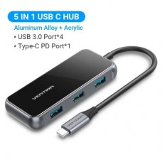 Концентратор Vention USB 3.1 Type-C to 4хUSB 3.0/PD 87W 5-in-1 Gray Mirrored Surface (TFDHB) - Фото