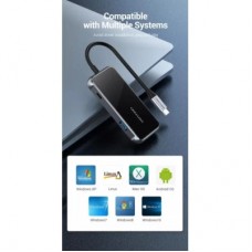 Концентратор Vention USB 3.1 Type-C to 4хUSB 3.0/PD 87W 5-in-1 Gray Mirrored Surface (TFDHB) - Фото