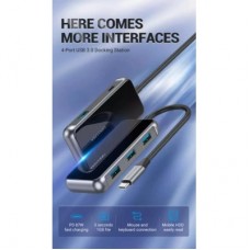 Концентратор Vention USB 3.1 Type-C to 4хUSB 3.0/PD 87W 5-in-1 Gray Mirrored Surface (TFDHB) - Фото