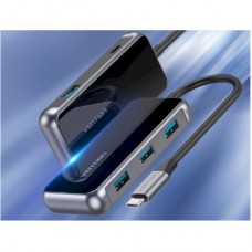 Концентратор Vention USB 3.1 Type-C to 4хUSB 3.0/PD 87W 5-in-1 Gray Mirrored Surface (TFDHB) - Фото