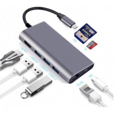 Концентратор Dynamode USB3.1 Type-C to HDMI, 3xUSB3.0, RJ45, USB Type-C Female, SD - Фото