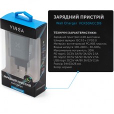 Зарядное устройство Vinga 2xUSB-C PD30W + USB-A QC30W Display 30W Max (VCR30ACCDB) - Фото