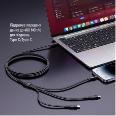 Дата кабель USB 2.0 AM to Lightning + Micro 5P + Type-C 1.2m 3.0A (PD60W data) Black ColorWay - Фото