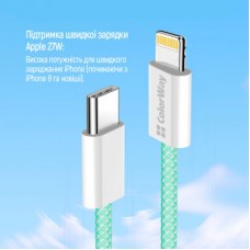 Дата кабель USB-C to Lightning 1.0m 27W green ColorWay (CW-CBPDCL061-G) - Фото
