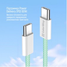 Дата кабель USB-C to USB-C 1.0m 60W 3.0А green ColorWay (CW-CBPDCC061-G) - Фото