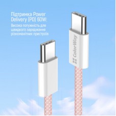 Дата кабель USB-C to USB-C 1.0m 60W 3.0А pink ColorWay (CW-CBPDCC061-P) - Фото