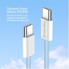 Дата кабель USB-C to USB-C 1.0m 60W 3.0А blue ColorWay (CW-CBPDCC061-BL) - Фото