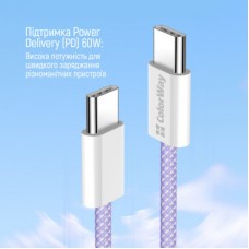 Дата кабель USB-C to USB-C 1.0m 60W 3.0А purple ColorWay (CW-CBPDCC061-PU) - Фото