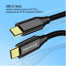 Дата кабель USB-C to USB-C 1.0m USB3.2 (20Gbps 4K PD100W) Gen2 5А black ColorWay (CW-CBPDCC062-BK) - Фото