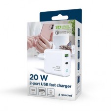Зарядний пристрій Gembird 1xUSB-A + 1 Type-C (PD20 Вт + QC3.0 18 Вт) white (TA-UC-PDQC20L-W-01) - Фото