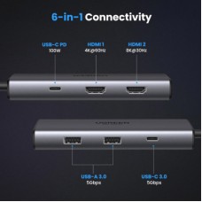 Концентратор Ugreen USB3.1 Type-C to HDMIx2 4K60Hz (8k30Hz)/USB3.0x2/Type-C/PD 100W CM498 (15852) - Фото