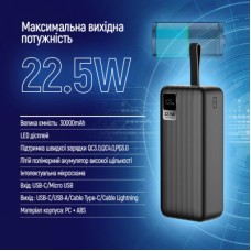 Батарея універсальна ColorWay 30 000 mAh PD/18W, QC3.0/22.5, Digital Display, Black (CW-PB300LPC5BK-PDD) - Фото