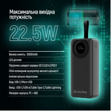Батарея универсальная ColorWay 30 000 mAh EnergyPlus PD/18W, QC3.0/22.5W, Black (CW-PB300LPB4BK-PDD) - Фото
