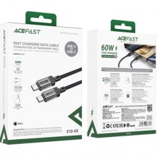 Дата кабель USB-C to USB-C 1.2m 60W stainless steel C12-03 Black Acefast (6974316283317) Дата кабель USB-C to USB-C 1.2m 60W stainless steel C12-03 Black Acefast (6974316283317) - Фото