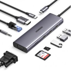 Концентратор Ugreen USB3.1 Type-C to HDMI/VGA/USB 3.0х3/RJ45/SD/TF/PD/35 мм TRRS 100W 10-in-1 (15601) - Фото