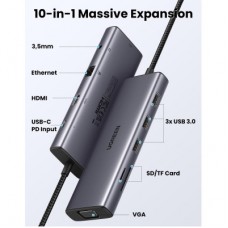 Концентратор Ugreen USB3.1 Type-C to HDMI/VGA/USB 3.0х3/RJ45/SD/TF/PD/35 мм TRRS 100W 10-in-1 (15601) - Фото