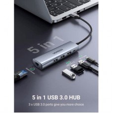 Концентратор Ugreen USB 3.0 to 3xUSB 3.0/RJ45/Micro USB CM266 Gray (60812) - Фото