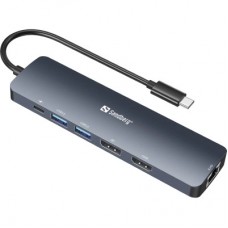 Концентратор Sandberg USB3.1 Type-C to HDMI/USB 3.0x2/RJ45/USB-C/DisplayPort PD 100W Hub 6-in-1 (136-43) - Фото