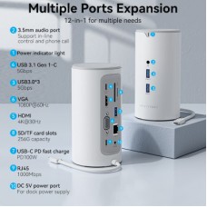 Концентратор Vention USB3.1 Type-C to HDMI/VGA/USB3.0x3/RJ45/SD/TF/TRRS 3.5m/PD/DC100W12-in-1 (TPHWC-EU) - Фото