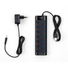 Концентратор Vinga USB3.0 to 7*USB3.0 1m cable with Switch and Power Adapter (VHA3A7B) - Фото