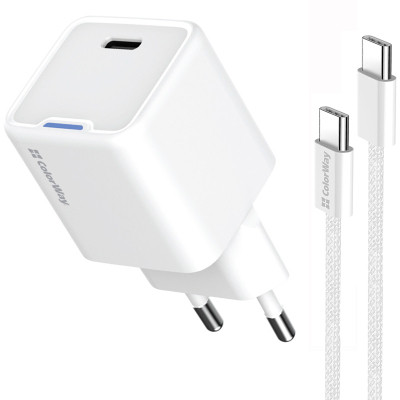 Зарядное устройство ColorWay GaN Mini 30W PD Port PPS USB (Type-C PD + USB QC4.0) cable Type-C