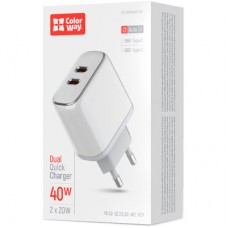 Зарядное устройство ColorWay Power Delivery Port PPS USB (Type-C PD + Type-C PD) (40W) white (CW-CHS048PD-WT) - Фото