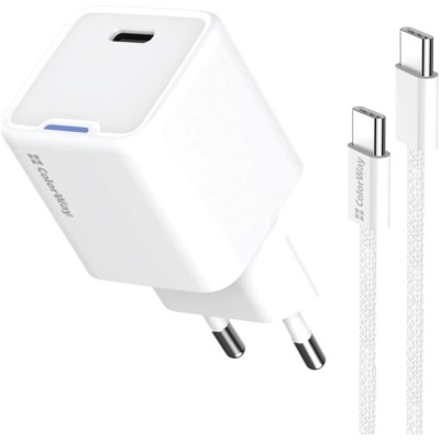 Зарядний пристрій ColorWay GaN Mini 25 W PD Port PPS USB-C white cable Type-C (CW-CHS052PDC-WT)