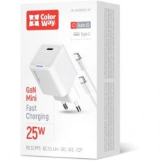 Зарядний пристрій ColorWay GaN Mini 25 W PD Port PPS USB-C white cable Type-C (CW-CHS052PDC-WT) - Фото