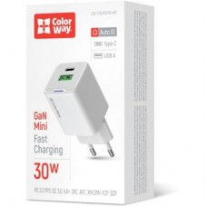 Зарядное устройство ColorWay GaN Mini 30W PD Port PPS USB (Type-C PD + USB QC4.0) white (CW-CHS053PD-WT) - Фото