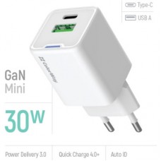 Зарядное устройство ColorWay GaN Mini 30W PD Port PPS USB (Type-C PD + USB QC4.0) white (CW-CHS053PD-WT) - Фото
