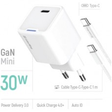 Зарядний пристрій ColorWay GaN Mini 30 W PD Port PPS USB-C white + cable Type-C (CW-CHS054PDC-WT) - Фото