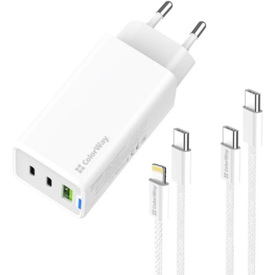 Зарядное устройство ColorWay GaN Mini 65W PD Port PPS USB (USB-2C1A) cable Type-C&Lightning (CW-CHS058PDCL-WT)