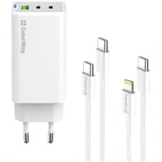Зарядное устройство ColorWay GaN Mini 65W PD Port PPS USB (USB-2C1A) cable Type-C&Lightning (CW-CHS058PDCL-WT) - Фото