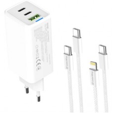 Зарядное устройство ColorWay GaN Mini 65W PD Port PPS USB (USB-2C1A) cable Type-C&Lightning (CW-CHS058PDCL-WT) - Фото