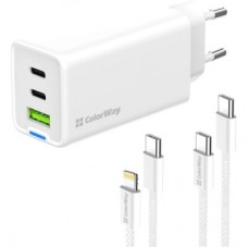 Зарядное устройство ColorWay GaN Mini 65W PD Port PPS USB (USB-2C1A) cable Type-C&Lightning (CW-CHS058PDCL-WT) - Фото