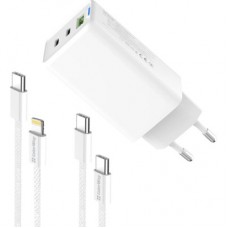 Зарядное устройство ColorWay GaN Mini 65W PD Port PPS USB (USB-2C1A) cable Type-C&Lightning (CW-CHS058PDCL-WT) - Фото