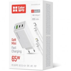 Зарядное устройство ColorWay GaN Mini 65W PD Port PPS USB (USB-2C1A) cable Type-C&Lightning (CW-CHS058PDCL-WT) - Фото
