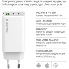 Зарядное устройство ColorWay GaN Mini 65W PD Port PPS USB (USB-2C1A) cable Type-C&Lightning (CW-CHS058PDCL-WT) - Фото