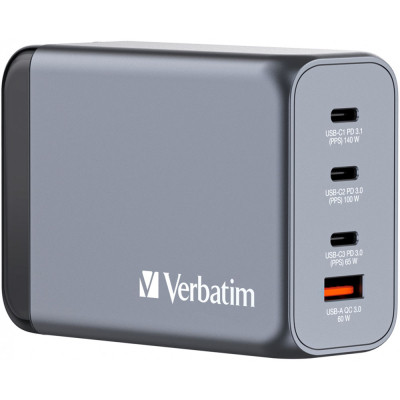 Зарядний пристрій Verbatim GaN 240 W 4 ports (USB-C-140 W, USB-C-100 W, USB-C-65 W/USB-A-3.0) (32205)