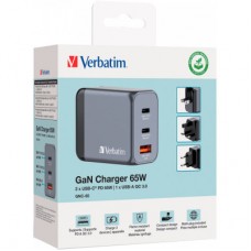 Зарядний пристрій Verbatim GaN 65 W 3 ports (2xUSB-C-65 W/USB-A-3.0) (32201) - Фото