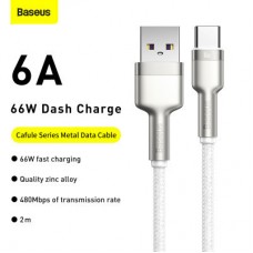 Дата кабель USB 3.1 AM to Type-C 2.0m CAKF 6.0A 66W Cafule Series Metal Data Cable White Baseus (CAKF000202) - Фото