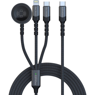 Дата кабель USB-C to Lightning 27W + USB-C 60W + Apple Watch 2.5W 1.5m icharge trio black Promate