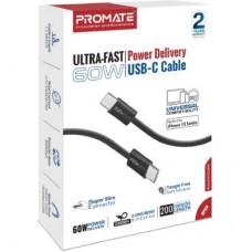 Дата кабель USB-C to USB-C 2.0m 60W PD EcoLine-CC200 black Promate (ecoline-cc200.black) - Фото