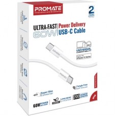 Дата кабель USB-C to USB-C 2.0m 60W PD EcoLine-CC200 white Promate (ecoline-cc200.white) - Фото