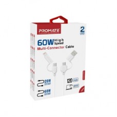 Дата кабель USB-C + USB 2.0 AM to USB-C + Lightning 1.2m 60W quadcord-pd60 white Promate (quadcord-pd60.white) - Фото
