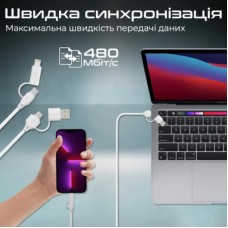 Дата кабель USB-C + USB 2.0 AM to USB-C + Lightning 1.2m 60W quadcord-pd60 white Promate (quadcord-pd60.white) - Фото