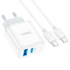 Зарядний пристрій HOCO C105A Stage 1xUSB-C PD20W + 1xUSB QC 3.0 + cable USB-C to USB-C White (6931474782922) - Фото